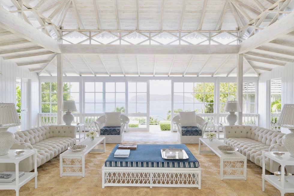 White wicker furniture by Soane in a Mustique villa living room decorated by Veere Grenney