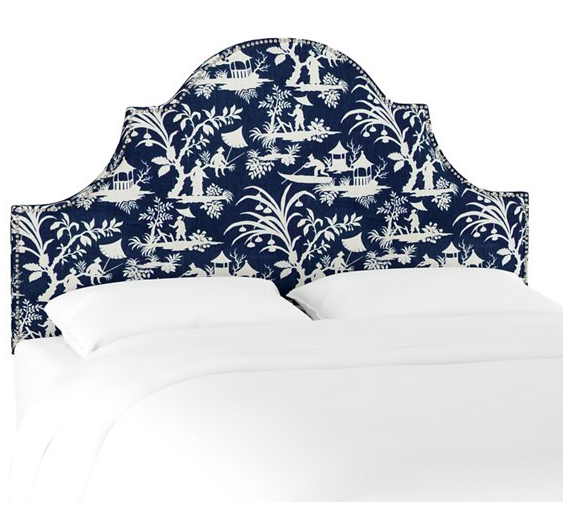 Navy Blue and White Chinoiserie Upholstered Headboard