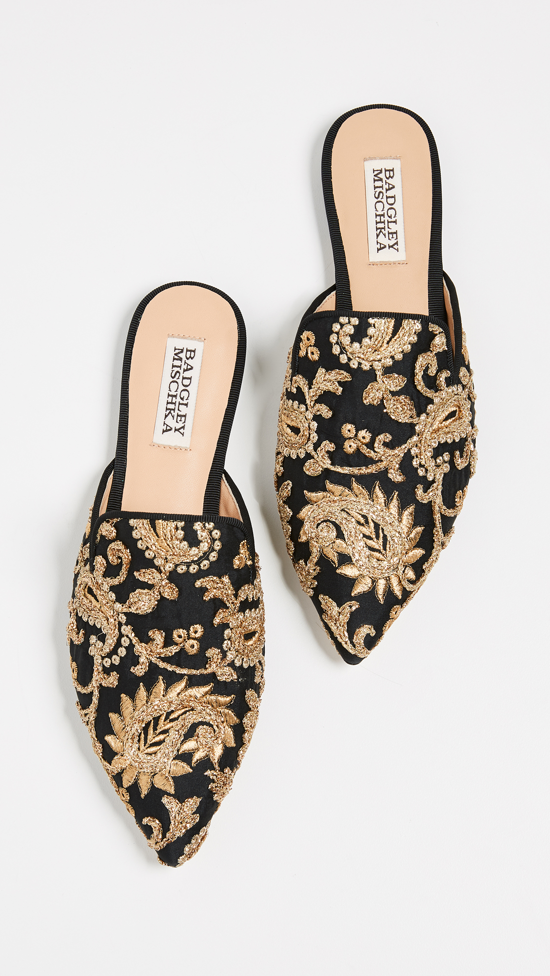 Black Gold Embroidered Brocade Point Toe Mules