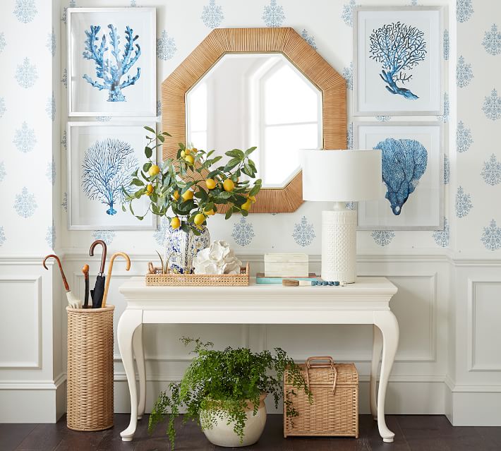 Entry by Sarah Bartholomew for Pottery Barn with Rattan Umbrella Stand and White Queen Anne Console