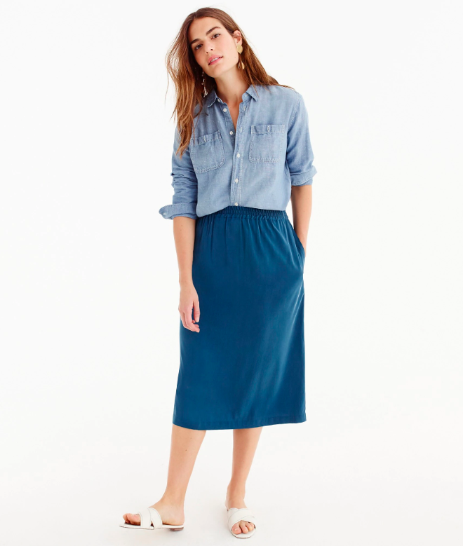 Blue Shirred Midi Skrit with Chambray Top