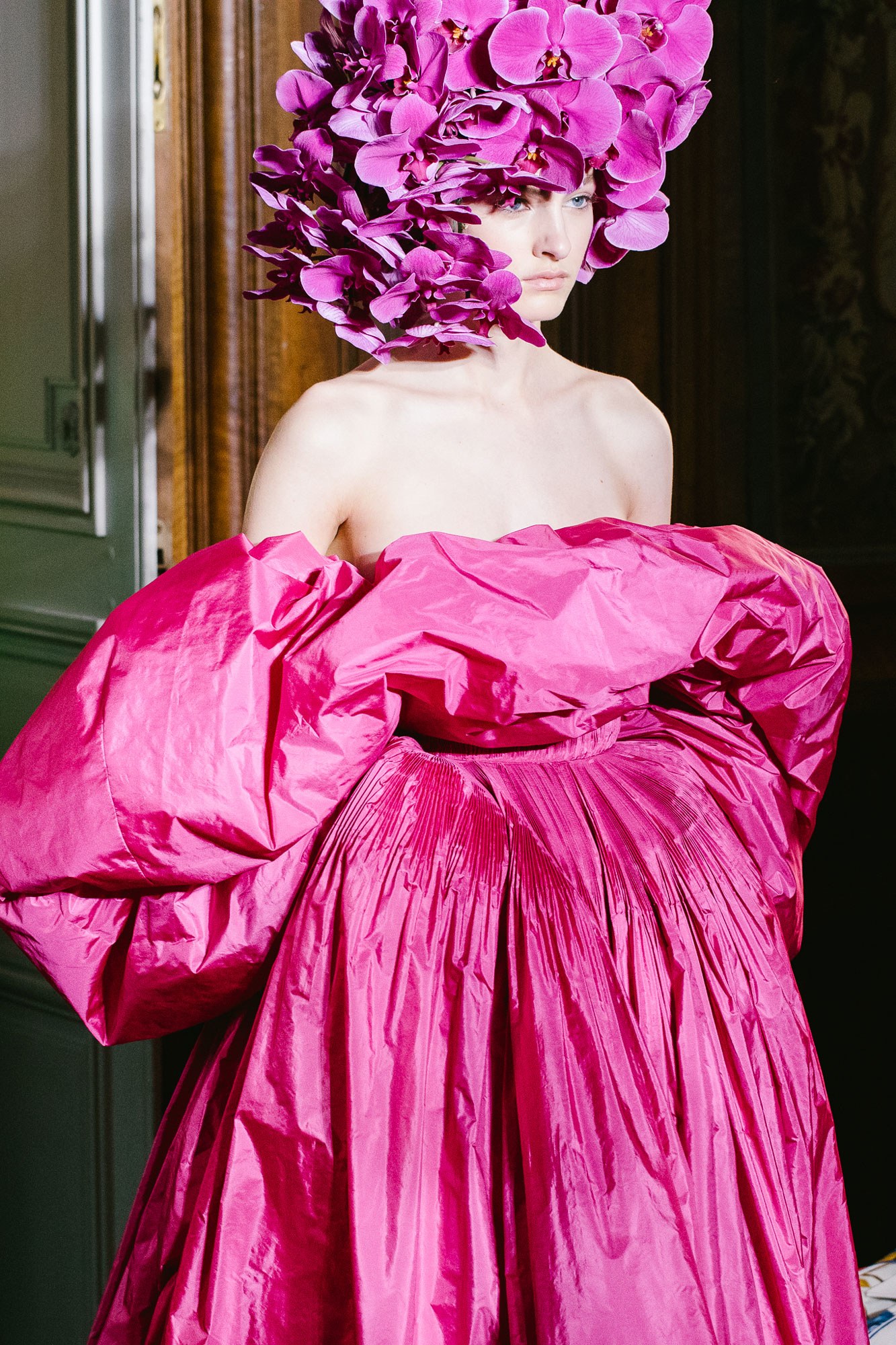 Pink Gown and Orchid Headdress at Valentino Couture Fall 2018