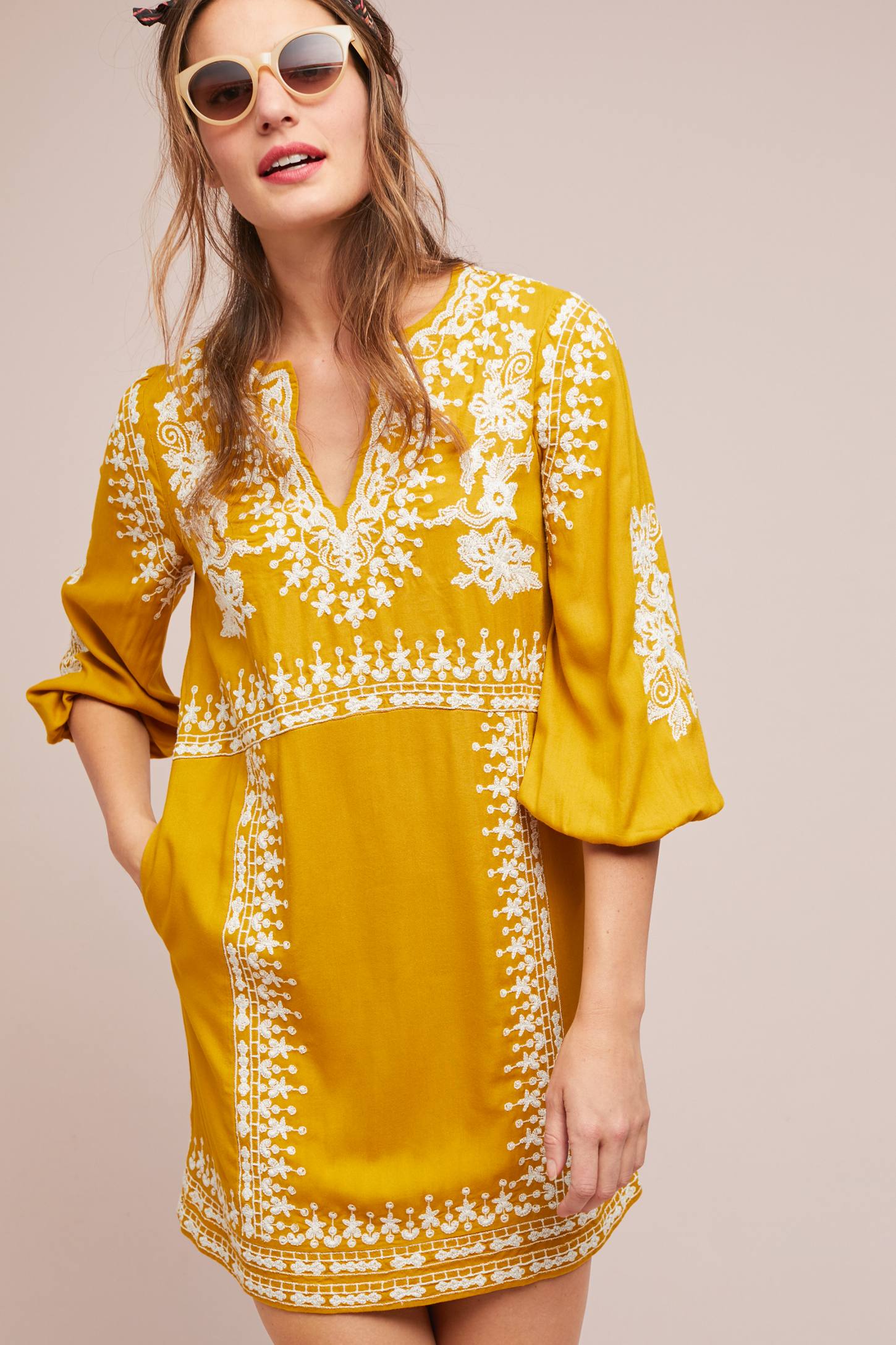 Yellow Embroidered Tunic Dress