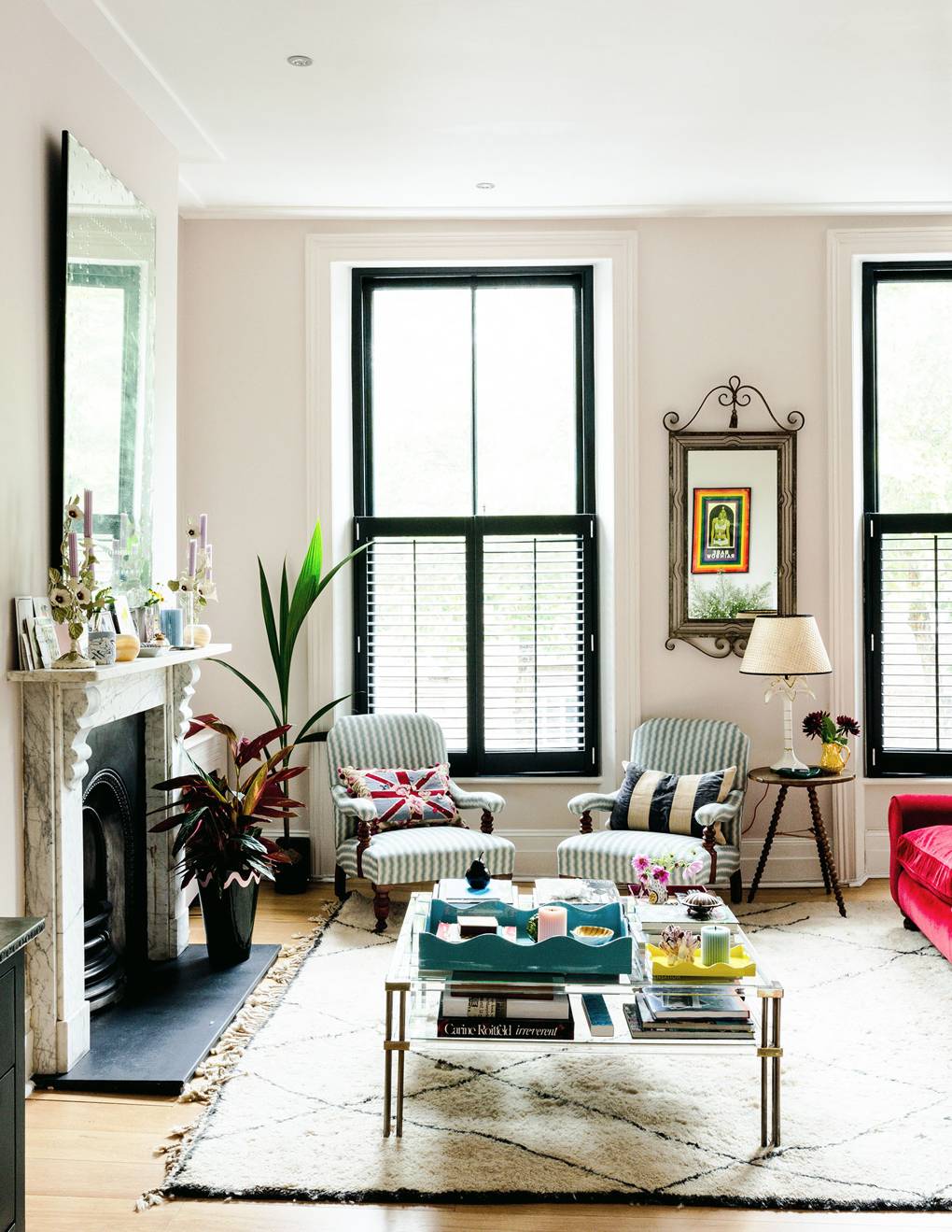 Matilda Goad's Notting Hill Living Room with Beni Ourain Rug and Marble Fireplace
