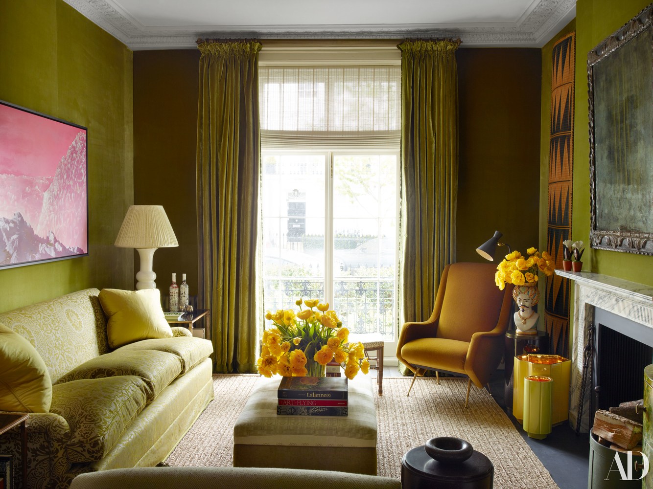 Nina Flohr's London Living Room Decorated by Veere Grenney, Fortuny Fabric sofa, green velvet upholstered walls and curtains