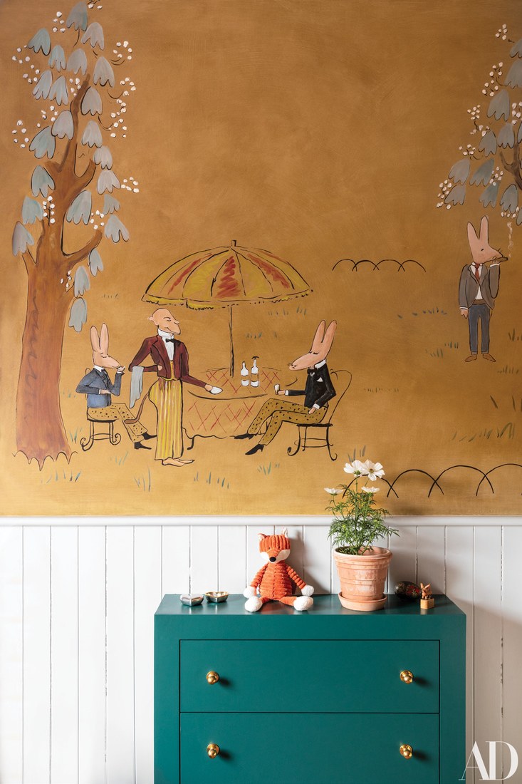Ludwig Bemelmans inspired mural in a children's room designed by Swedish interior designer Beata Heuman.