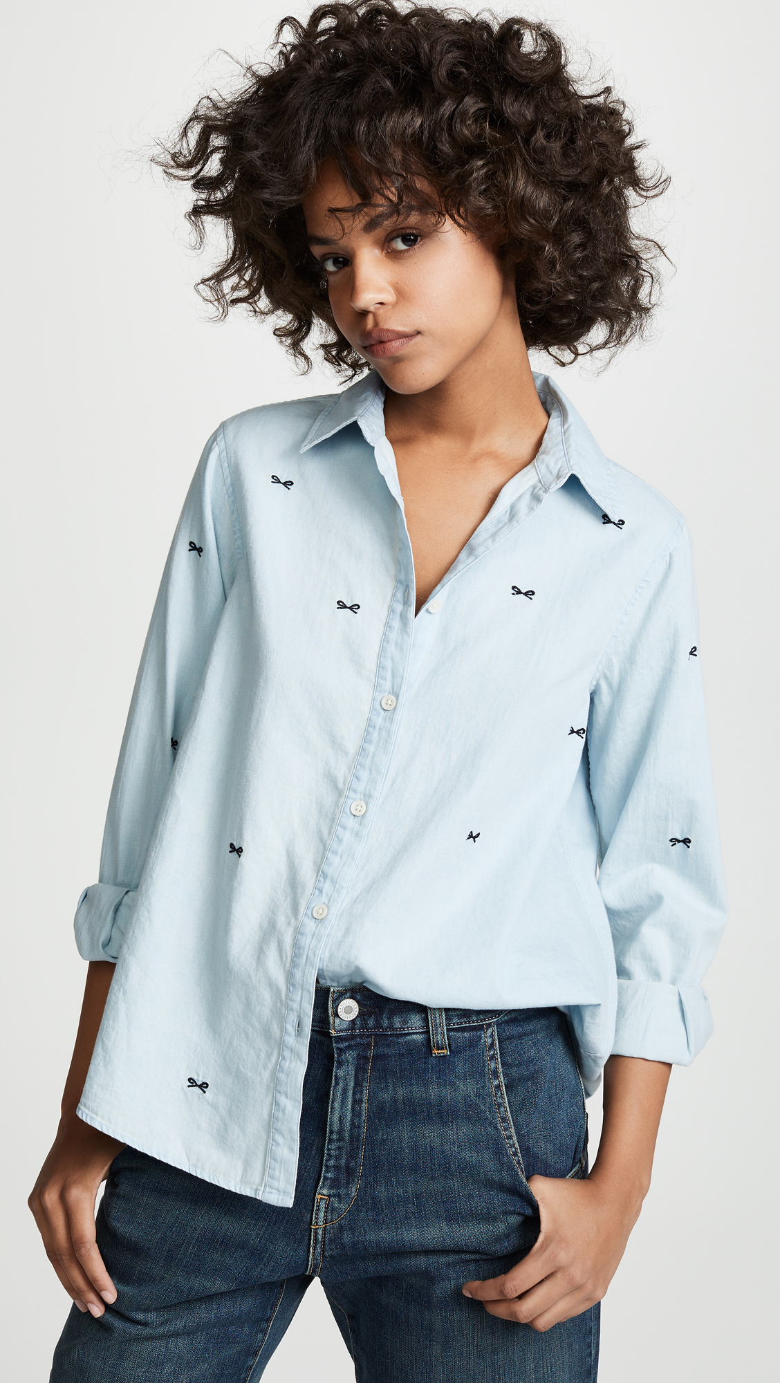 Bow Embroidered Chambray Shirt