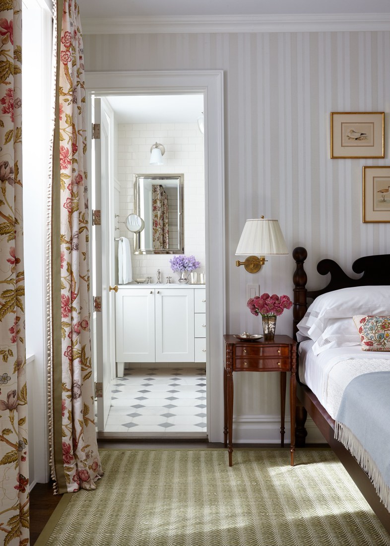 Master Bedroom Ensuite Striped Sanderson Wallpaper and Floral Bennison Curtains Antique American Bed