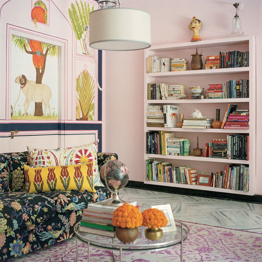 Caroline Weller of Banjanan at Home in Jaipur Pink Mural Bookshelf