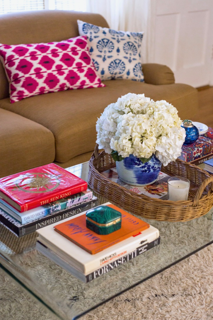 Interior Define Rose Sofa in Katie Armour Taylor's Seattle Living Room with Ikat Pillows and Blue and White Garden Stool