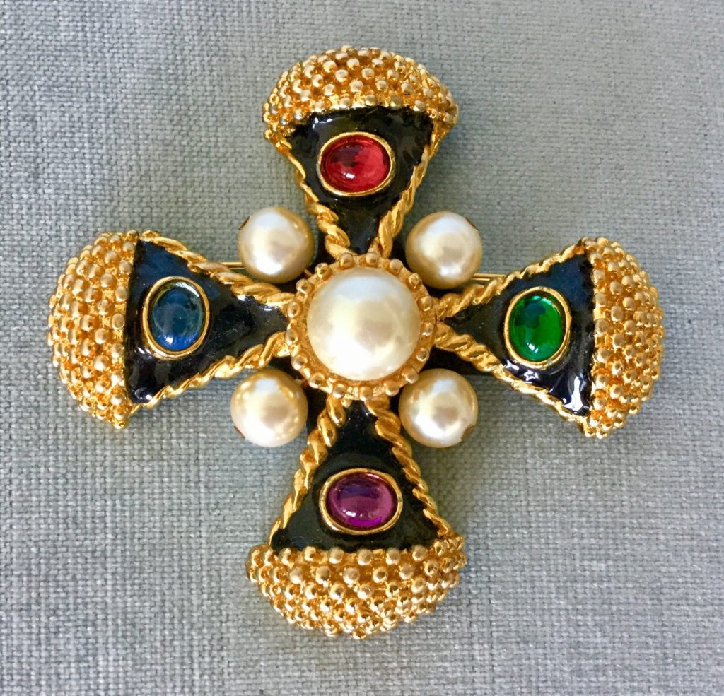 Byzantine Moghul Maltese Royal Cross Brooch Pearl Cabochon