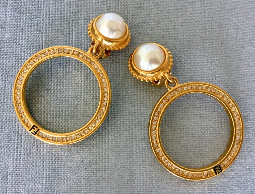 Fendi Baroque Pearl Crystal Enamel Hoop Earrings