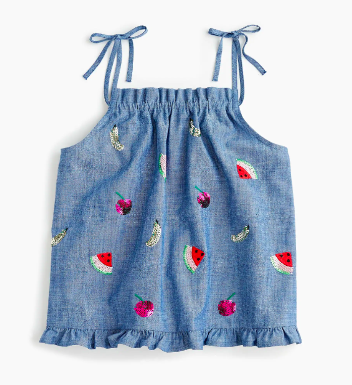 Girls' Chambray Top with Sequin Fruit