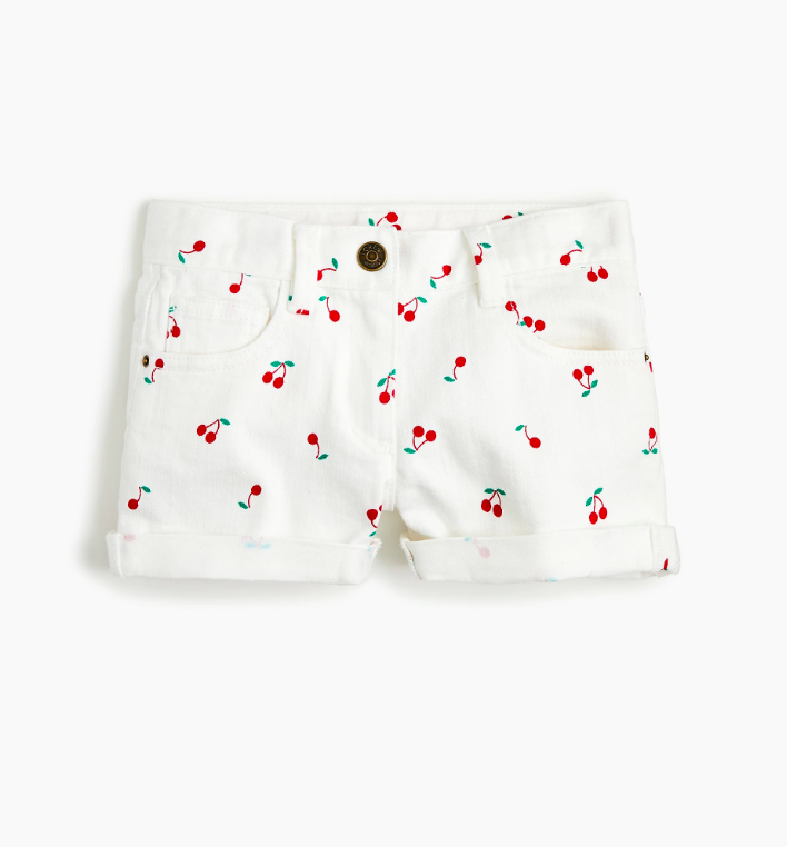 Girls' Cherry Print White Denim Shorts