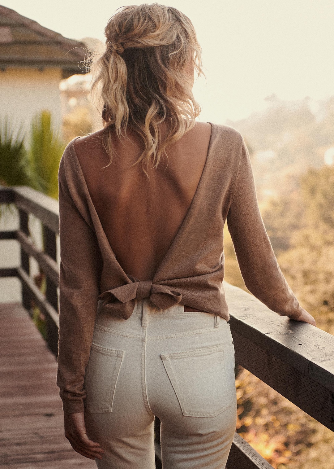Bow Back Camel Sweater White Jeans