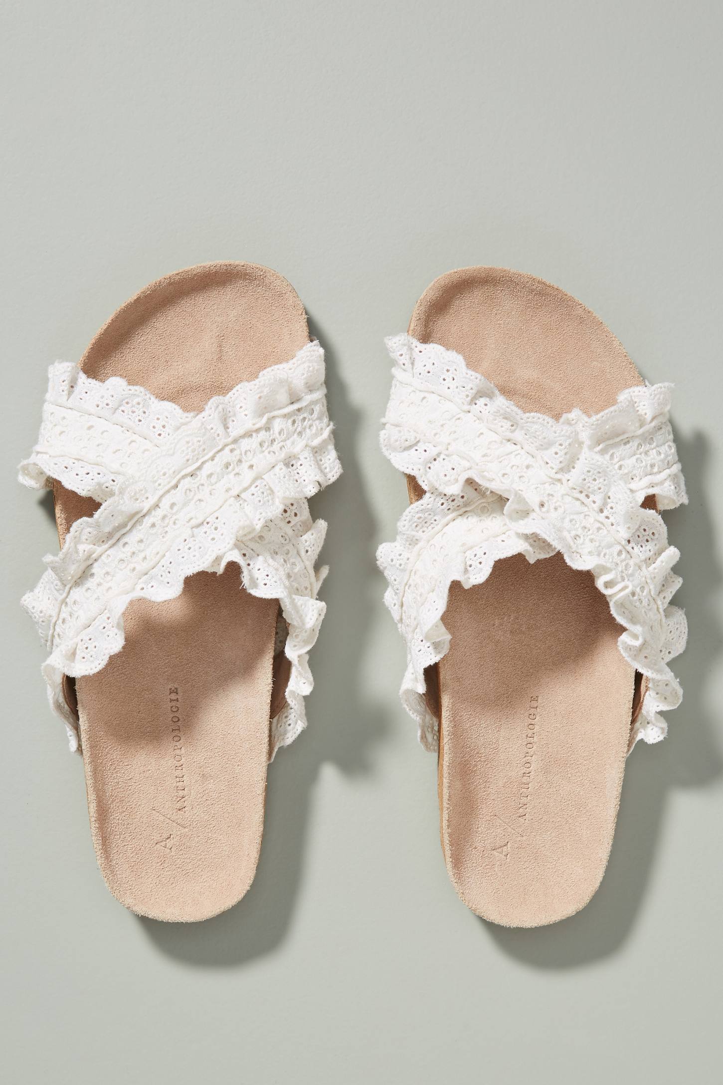 White Ruffled Slide Sandals