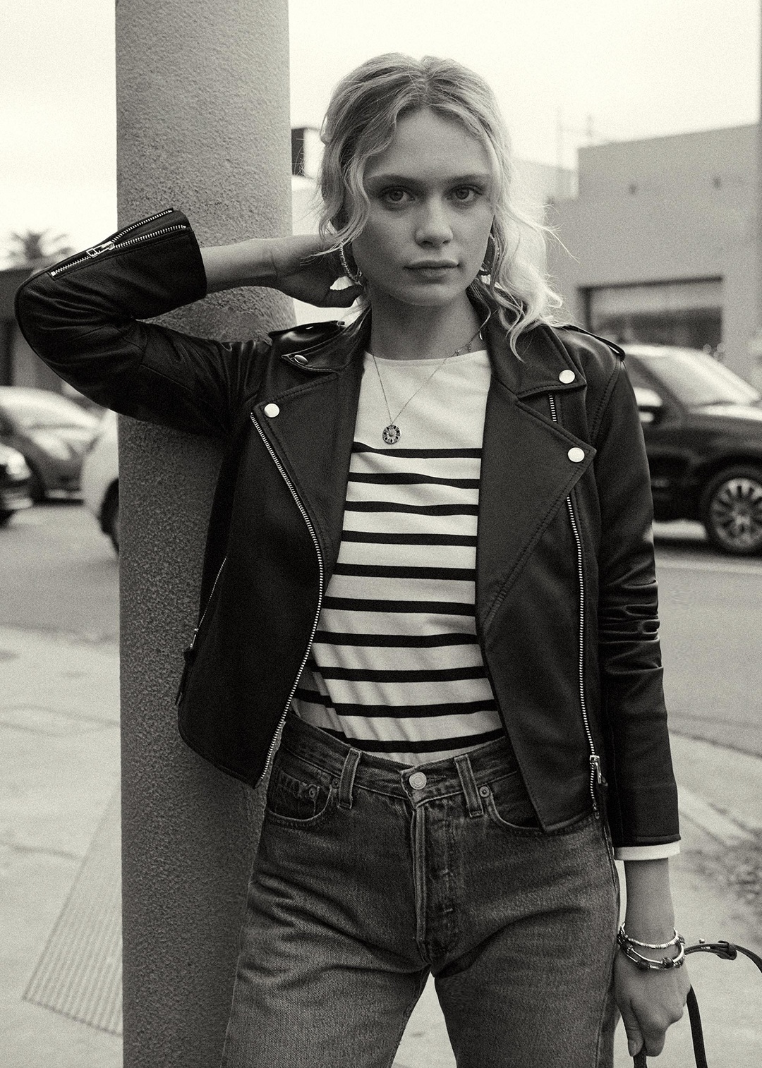 Black Leather Jacket with Sailor Stripe Tee and High Waist Blue Jeans