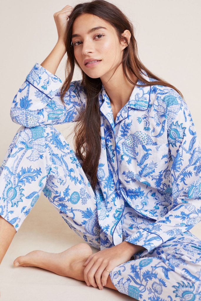 Block Print Blue and White Floral Pajama Set