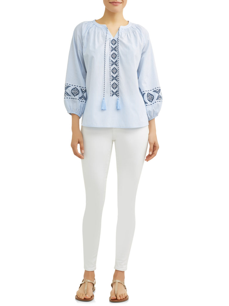 Embroidered Smock Neck Top Blue and White with Tassels