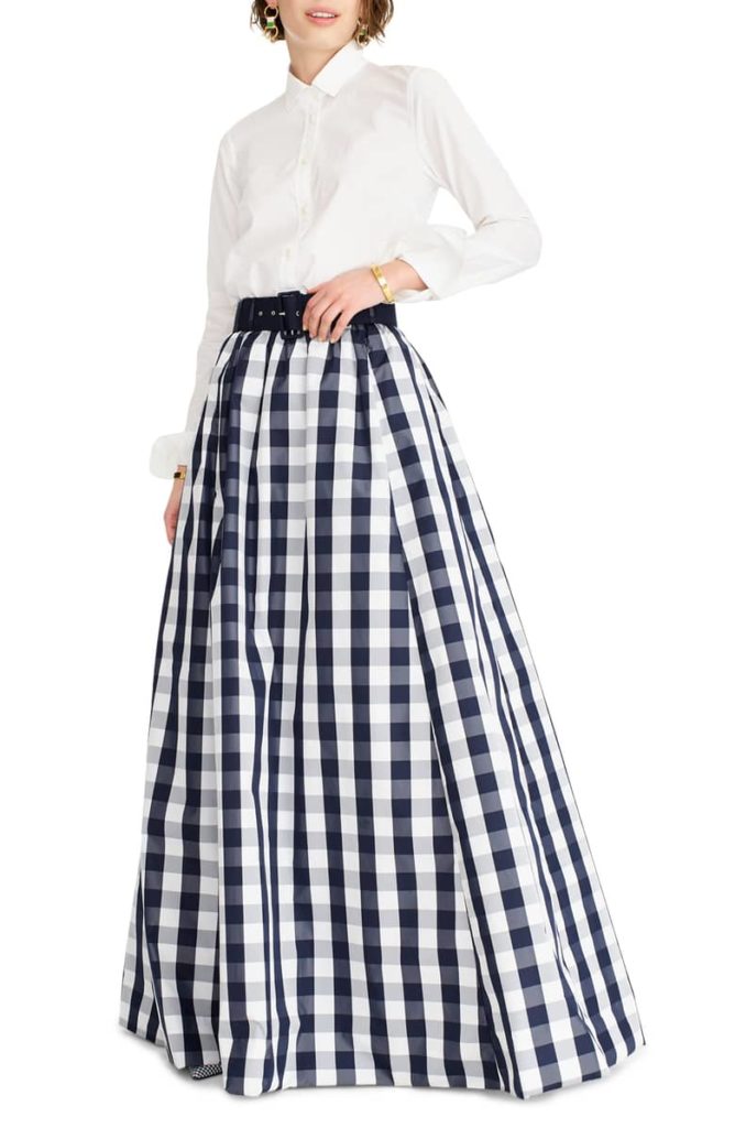 Gingham Belted Taffeta Ball Skirt Navy Blue and White