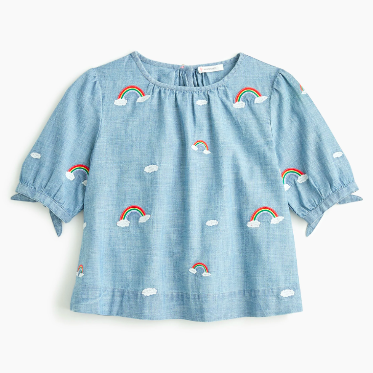 Girls' Chambray Top Embroidered Rainbows