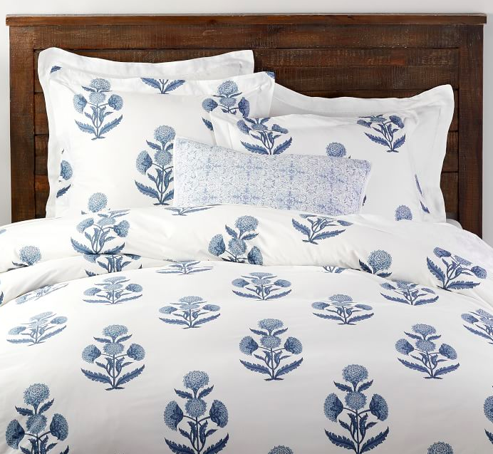 Mughal Flower Duvet Cover and Pillow Shams Blue and White Indian