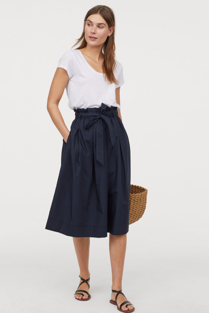 Navy Blue Calf Length Skirt Bow Waist A-Line