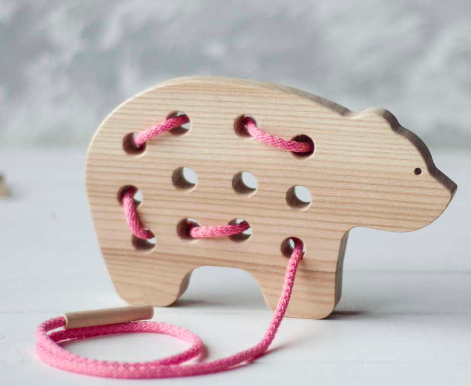Bear Wooden Lacing Toy Kids Montessori