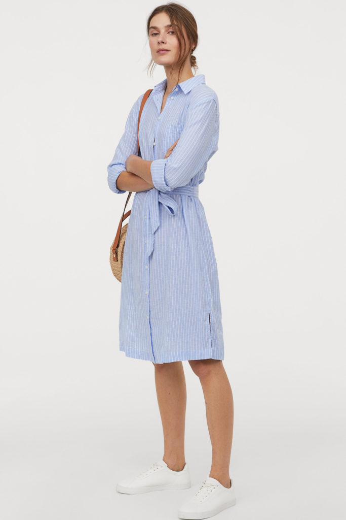 Blue Linen-Blend Stripe Shirt Dress