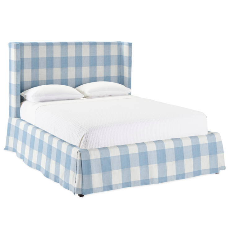 Gingham Slipcovered Bed Blue and White Upholstered