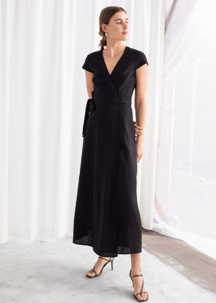 Black Linen Midi Wrap Dress