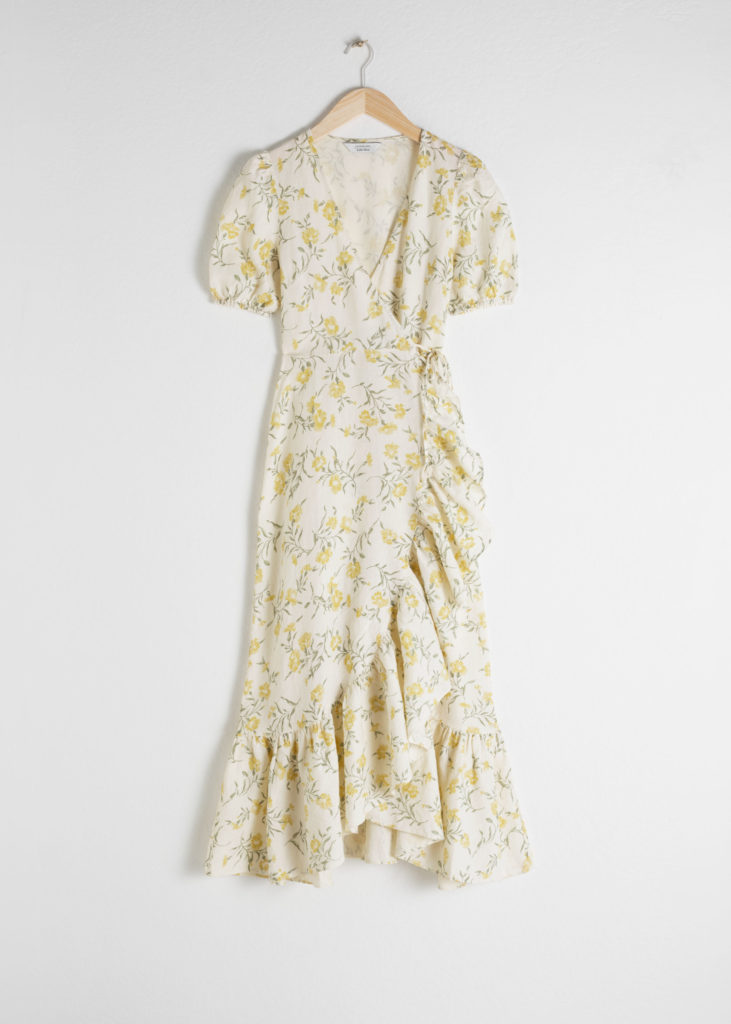 Ruffled Floral Linen Wrap Midi Dress
