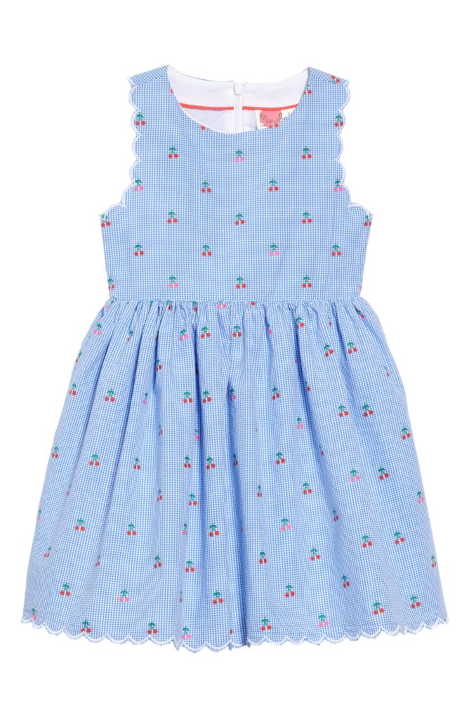 Scallop Edge Gingham Cherry Print Blue Dress Girls' Toddler