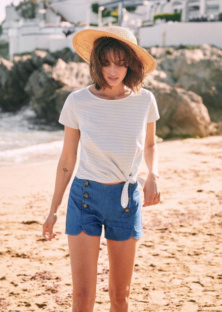 Stripe Shirt Denim Sailor Shorts Straw Hat on the Beach