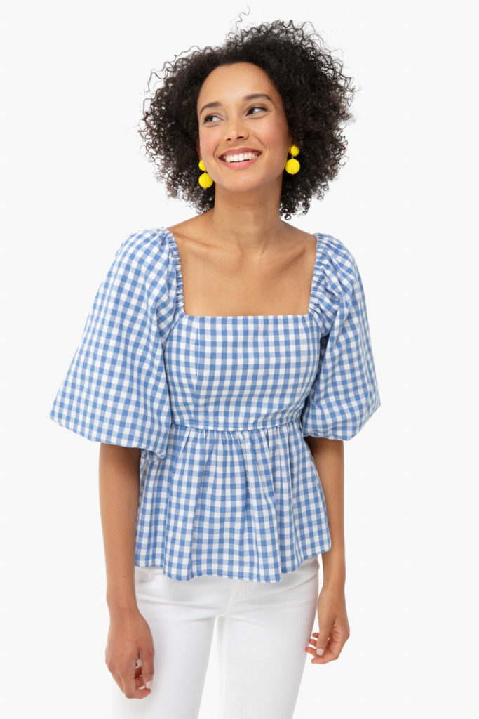 Blue and White Gingham Square Neck Top