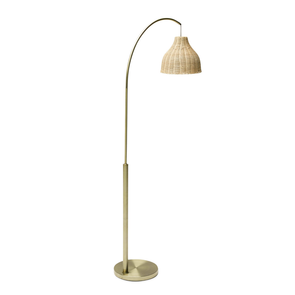Brass Floor Lamp with Rattan Shade