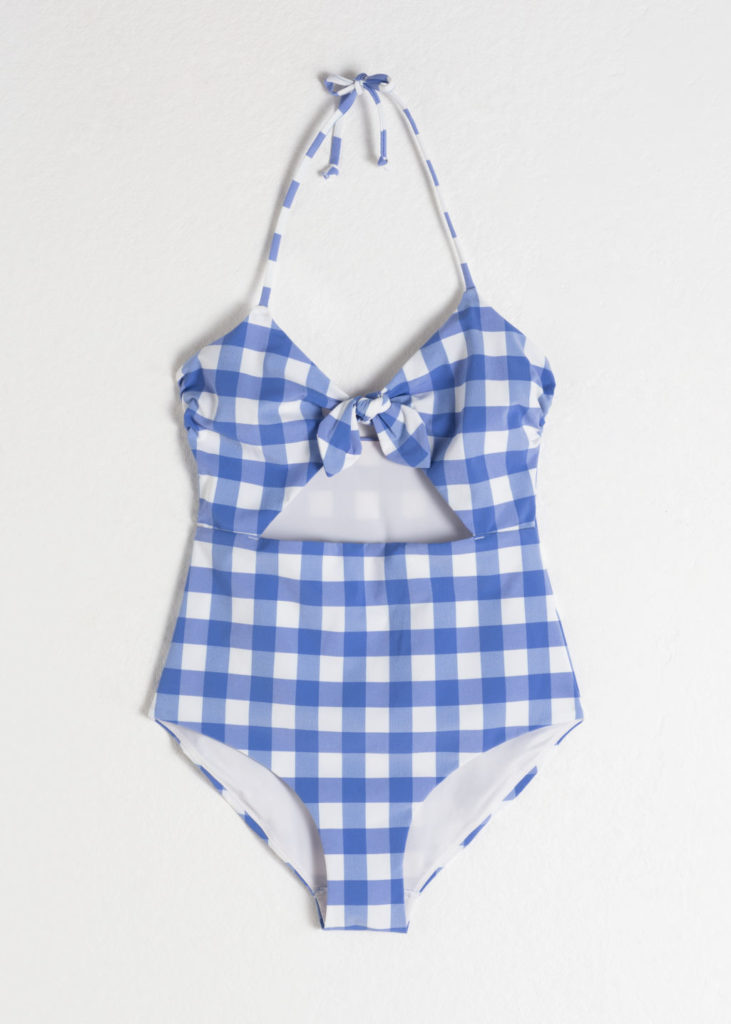 Gingham Cut Out Halter Swimsuit One Piece Blue and White