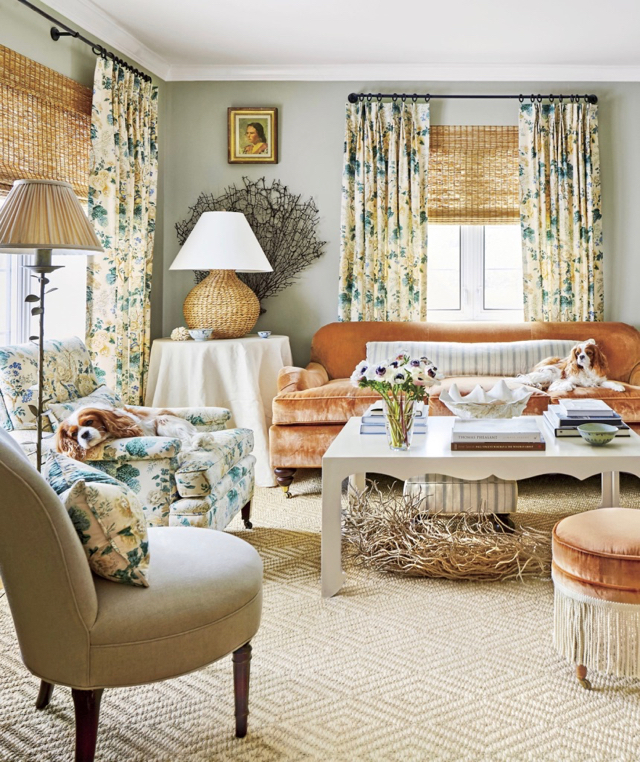 Hanna Seabrook's Louisville Kentucky Home Living Room Chintz Curtains Velvet Sofa