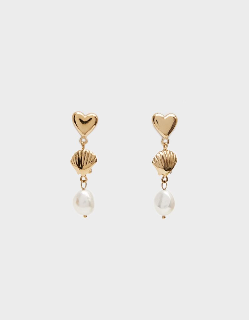 Ariel Drop Earrings Gold Heart Seashell Pearl