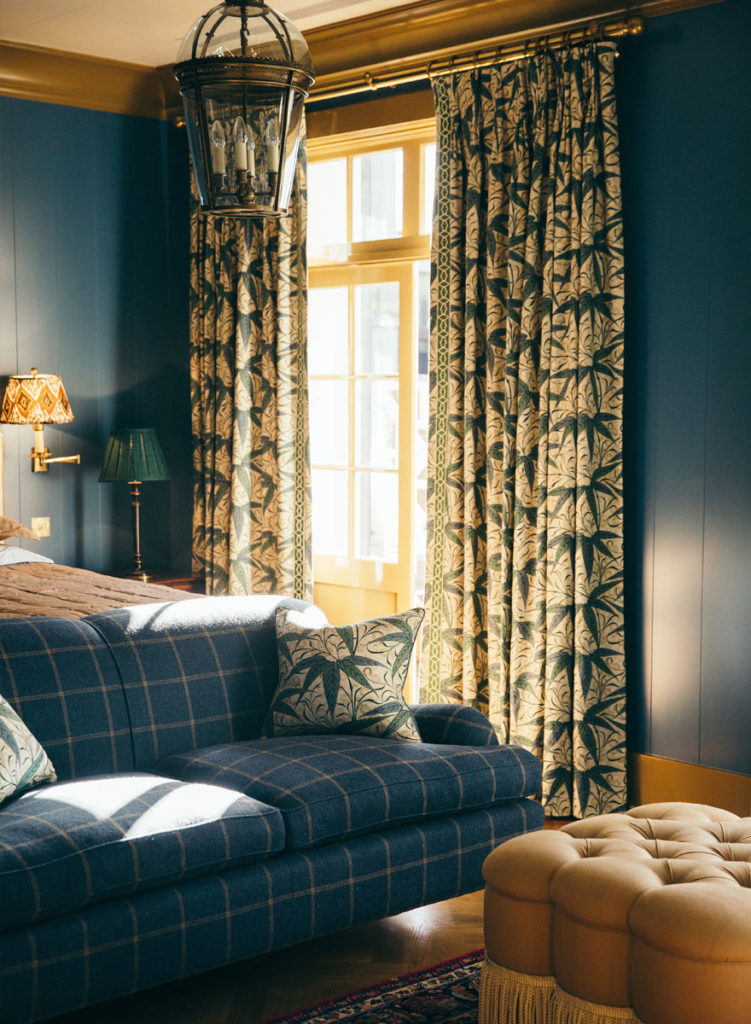 Bedroom Plaid Sofa Tufted Ottoman Blue Walls Anna Spiro Design Australia