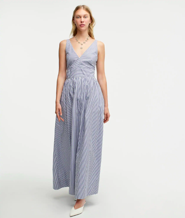 Blue White Stripe Maxi Dress Floor Length Cotton Poplin Gown J.Crew