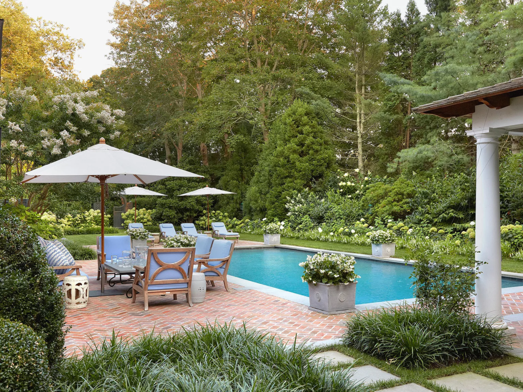 Pool of 19 Georgica Road, East Hampton, New York decorated by Bunny Williams