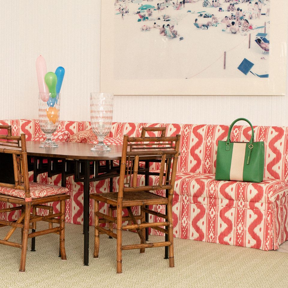Frances Valentine Red Ikat Banquette Breakfast Room Bamboo Chairs