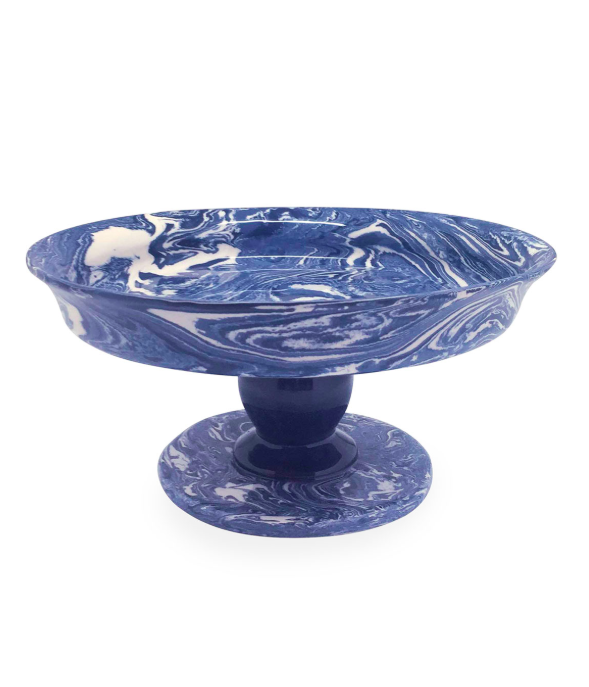 Marbled Blue and White Ceramic Cookie Stand Cake Plate