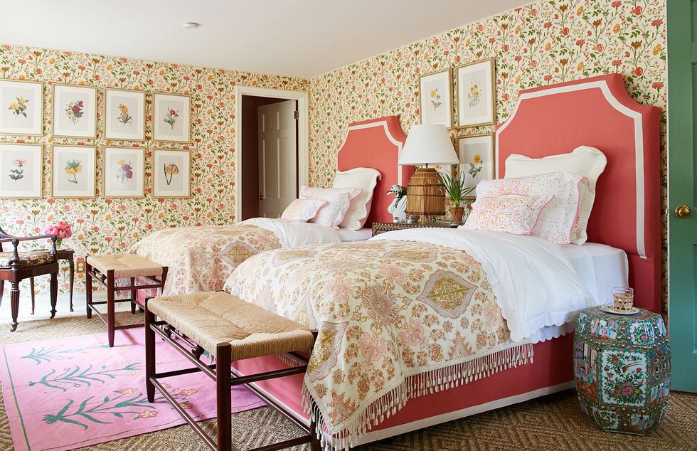 Ragan Cain Mountain Brook Alabama Mark D. Sikes Guest Bedroom Pink Floral Wallpaper Quardrille