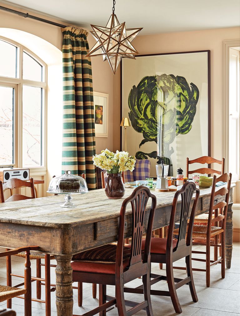 Rita Konig's English Farmhouse Dining Room Star Pendant Lantern Striped Green Curtains