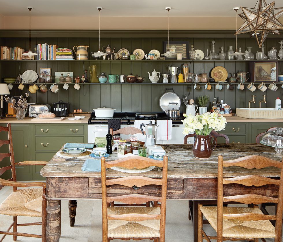 Rita Konig's English Farmhouse Green Kitchen Cabinetry