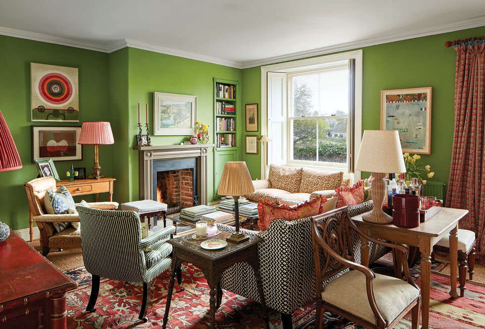 Rita Konig's English Farmhouse Living Room Green Walls