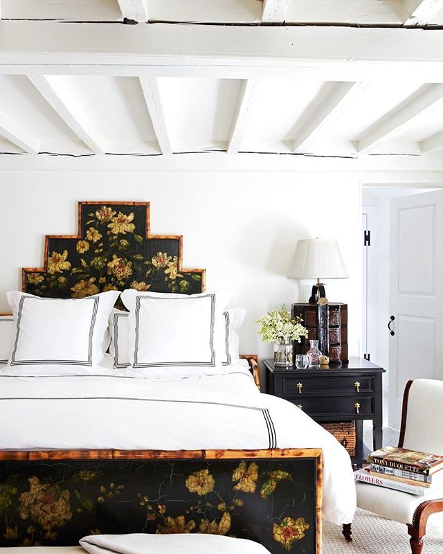 Black Antique Decoupage Floral Bamboo Bed Nantucket Bedroom by Libby Cameron White Ceiling Beams