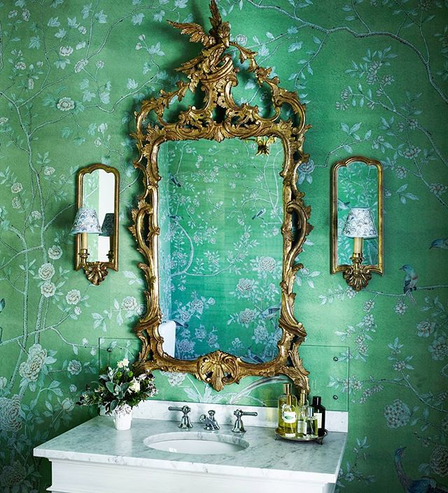 De Gournay green chinoiserie wallcovering powder room gilt mirror